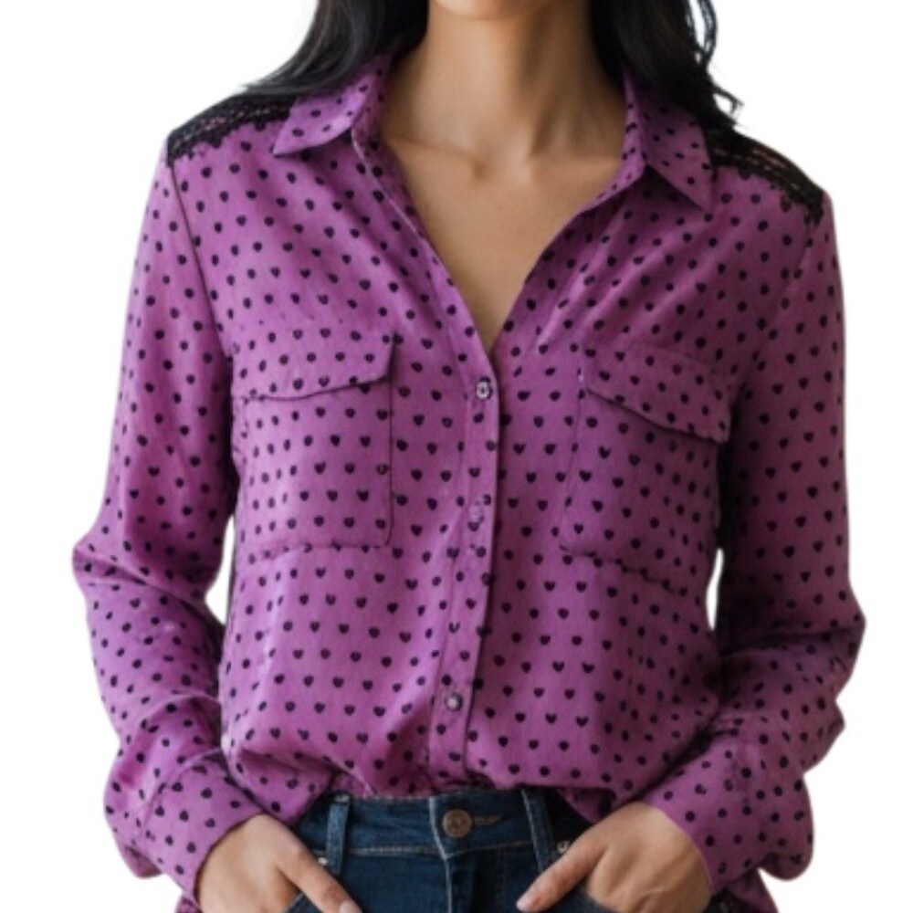 Candie's Blouse Womens L Purple Heart Print Button Front Lace Yoke Long